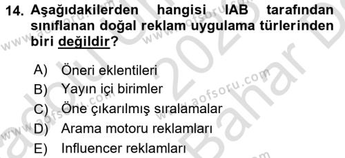 Dijital Çağda Reklam Dersi 2023 - 2024 Yılı (Vize) Ara Sınavı 14. Soru