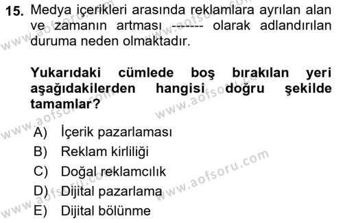 Dijital Çağda Reklam Dersi 2023 - 2024 Yılı (Vize) Ara Sınavı 15. Soru