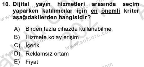 Dijital Medya ve Tüketici Dersi 2021 - 2022 Yılı (Vize) Ara Sınavı 10. Soru