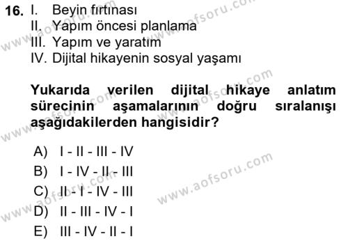 Dijital Medya ve Tüketici Dersi 2022 - 2023 Yılı (Final) Dönem Sonu Sınavı 16. Soru