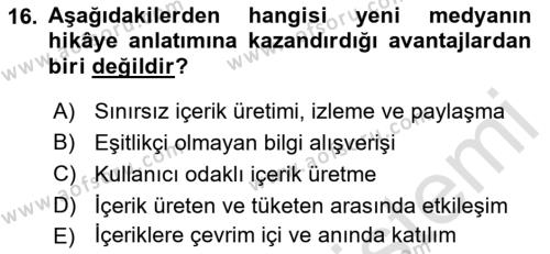 Dijital Medya ve Tüketici Dersi 2022 - 2023 Yılı Yaz Okulu Sınavı 16. Soru