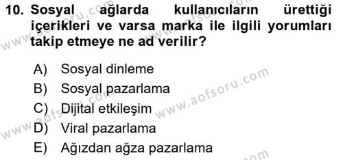 Sosyal Medya Yönetimi Dersi 2023 - 2024 Yılı Yaz Okulu Sınavı 10. Soru