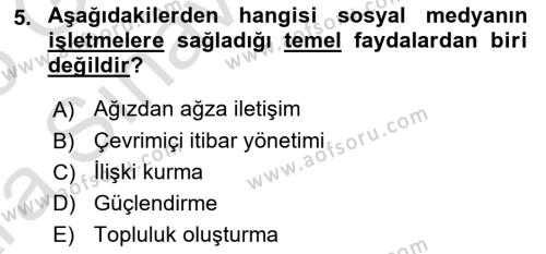 Sosyal Medya Yönetimi Dersi 2024 - 2025 Yılı (Vize) Ara Sınavı 5. Soru