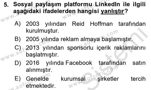 Sosyal Medya Araçları 2 Dersi 2021 - 2022 Yılı Yaz Okulu Sınavı 5. Soru