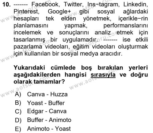 Sosyal Medya Araçları 1 Dersi 2020 - 2021 Yılı Yaz Okulu Sınavı 10. Soru