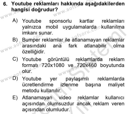 Sosyal Medya Araçları 1 Dersi 2020 - 2021 Yılı Yaz Okulu Sınavı 6. Soru