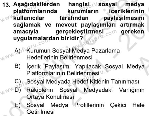 Sosyal Medya Araçları 1 Dersi 2021 - 2022 Yılı (Vize) Ara Sınavı 13. Soru