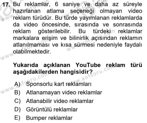 Sosyal Medya Uygulama Alanlari Dersi 2023 - 2024 Yılı (Vize) Ara Sınavı 17. Soru