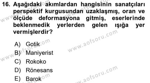 Sanat Tarihi Dersi 2020 - 2021 Yılı Yaz Okulu Sınavı 16. Soru