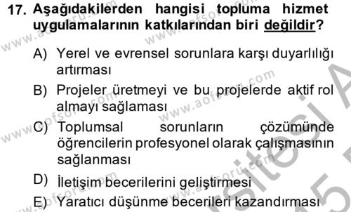 Topluma Hizmet Eğitimi Dersi 2014 - 2015 Yılı (Final) Dönem Sonu Sınavı 17. Soru