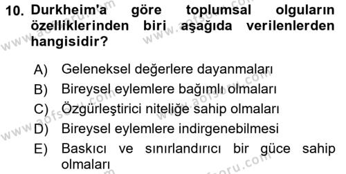 Sosyolojiye Giriş Dersi 2022 - 2023 Yılı (Vize) Ara Sınavı 10. Soru