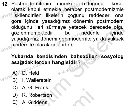 Sosyolojiye Giriş Dersi 2023 - 2024 Yılı (Vize) Ara Sınavı 12. Soru