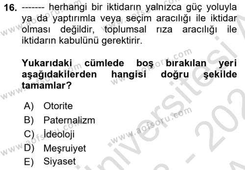 Sosyolojiye Giriş Dersi 2023 - 2024 Yılı (Vize) Ara Sınavı 16. Soru