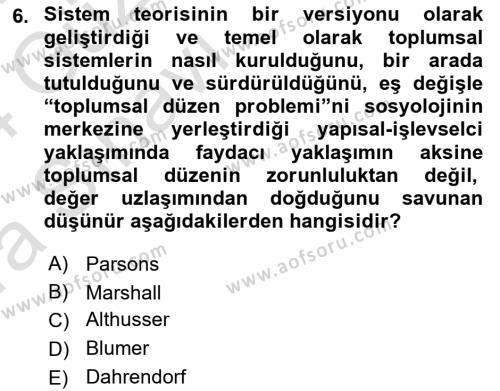 Sosyolojiye Giriş Dersi 2023 - 2024 Yılı (Vize) Ara Sınavı 6. Soru