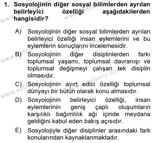 Sosyolojiye Giriş Dersi 2024 - 2025 Yılı (Vize) Ara Sınavı 1. Soru