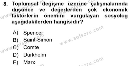 Sosyolojiye Giriş Dersi 2024 - 2025 Yılı (Vize) Ara Sınavı 8. Soru