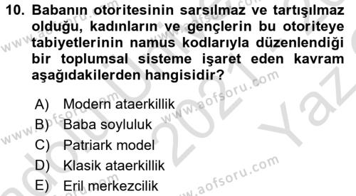 Sosyal Bilimlerde Temel Kavramlar Dersi 2021 - 2022 Yılı Yaz Okulu Sınavı 10. Soru