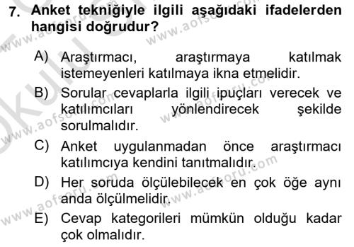 Sosyolojide Araştırma Yöntem ve Teknikleri Dersi 2021 - 2022 Yılı Yaz Okulu Sınavı 7. Soru