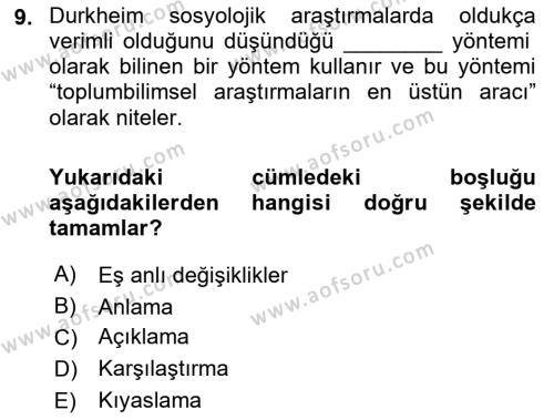 Sosyolojide Araştırma Yöntem ve Teknikleri Dersi 2022 - 2023 Yılı (Vize) Ara Sınavı 9. Soru