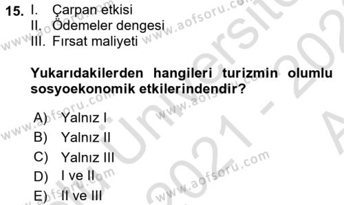 Turizm Sosyolojisi Dersi 2021 - 2022 Yılı (Vize) Ara Sınavı 15. Soru