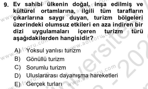 Turizm Sosyolojisi Dersi 2022 - 2023 Yılı (Final) Dönem Sonu Sınavı 9. Soru