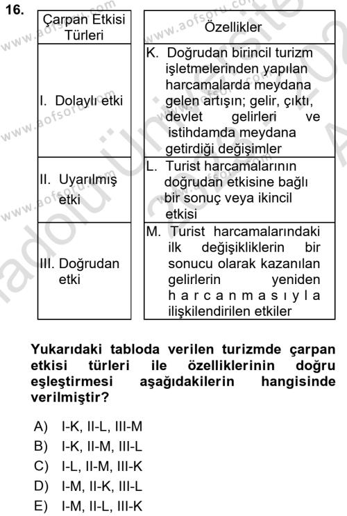 Turizm Sosyolojisi Dersi 2023 - 2024 Yılı (Vize) Ara Sınavı 16. Soru