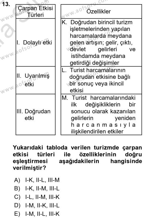 Turizm Sosyolojisi Dersi 2024 - 2025 Yılı (Vize) Ara Sınavı 13. Soru