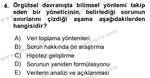 Örgütsel Davranış Dersi 2020 - 2021 Yılı Yaz Okulu Sınavı 4. Soru