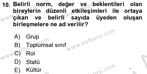 Davranış Bilimleri 1 Dersi 2020 - 2021 Yılı Yaz Okulu Sınavı 10. Soru