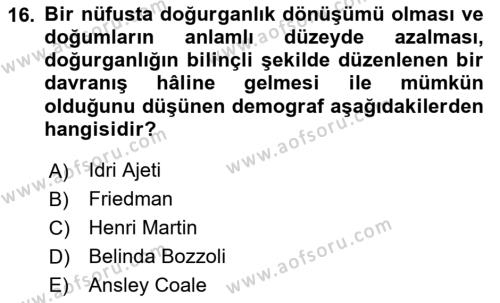 Nüfus Ve Toplum Dersi 2020 - 2021 Yılı Yaz Okulu Sınavı 16. Soru