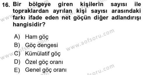 Nüfus Ve Toplum Dersi 2021 - 2022 Yılı (Final) Dönem Sonu Sınavı 16. Soru