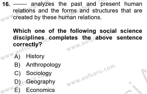 Introduction to Sociology Dersi 2019 - 2020 Yılı (Vize) Ara Sınavı 16. Soru