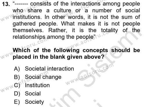 Introduction to Sociology Dersi 2023 - 2024 Yılı (Vize) Ara Sınavı 13. Soru