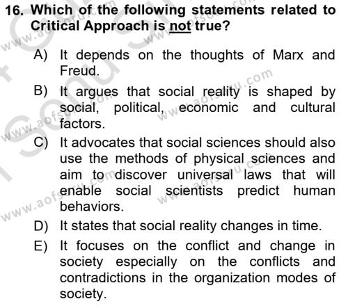 Introduction to Sociology Dersi 2023 - 2024 Yılı (Final) Dönem Sonu Sınavı 16. Soru