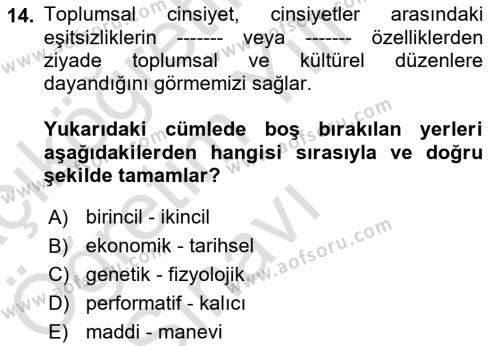 Antropoloji Dersi 2021 - 2022 Yılı Yaz Okulu Sınavı 14. Soru