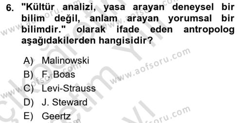 Antropoloji Dersi 2021 - 2022 Yılı Yaz Okulu Sınavı 6. Soru