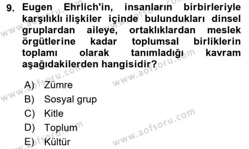 Antropoloji Dersi 2021 - 2022 Yılı Yaz Okulu Sınavı 9. Soru