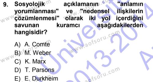 Toplumsal Değişme Kuramları Dersi 2013 - 2014 Yılı (Vize) Ara Sınavı 9. Soru