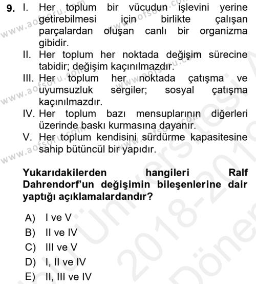 Toplumsal Değişme Kuramları Dersi 2018 - 2019 Yılı (Final) Dönem Sonu Sınavı 9. Soru