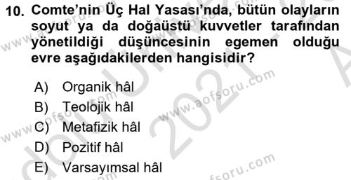 Toplumsal Değişme Kuramları Dersi 2021 - 2022 Yılı (Vize) Ara Sınavı 10. Soru