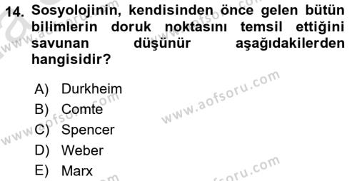 Toplumsal Değişme Kuramları Dersi 2021 - 2022 Yılı (Vize) Ara Sınavı 14. Soru