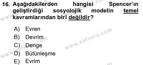 Toplumsal Değişme Kuramları Dersi 2021 - 2022 Yılı (Vize) Ara Sınavı 16. Soru