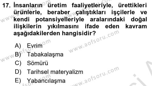 Toplumsal Değişme Kuramları Dersi 2021 - 2022 Yılı (Vize) Ara Sınavı 17. Soru