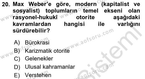 Toplumsal Değişme Kuramları Dersi 2021 - 2022 Yılı (Vize) Ara Sınavı 20. Soru