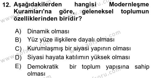 Toplumsal Değişme Kuramları Dersi 2022 - 2023 Yılı Yaz Okulu Sınavı 12. Soru