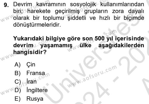 Toplumsal Değişme Kuramları Dersi 2024 - 2025 Yılı (Vize) Ara Sınavı 9. Soru