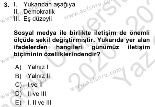 Sosyal Medya Dersi 2020 - 2021 Yılı Yaz Okulu Sınavı 3. Soru