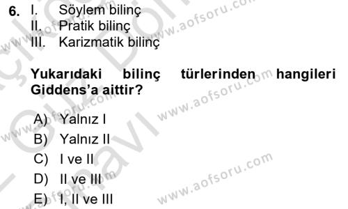 Siyaset Sosyolojisi Dersi 2021 - 2022 Yılı (Vize) Ara Sınavı 6. Soru