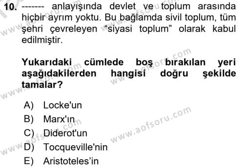 Siyaset Sosyolojisi Dersi 2022 - 2023 Yılı (Final) Dönem Sonu Sınavı 10. Soru