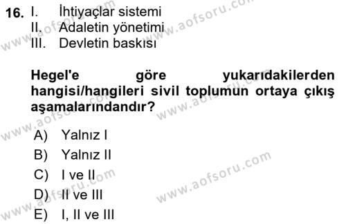 Siyaset Sosyolojisi Dersi 2023 - 2024 Yılı Yaz Okulu Sınavı 16. Soru